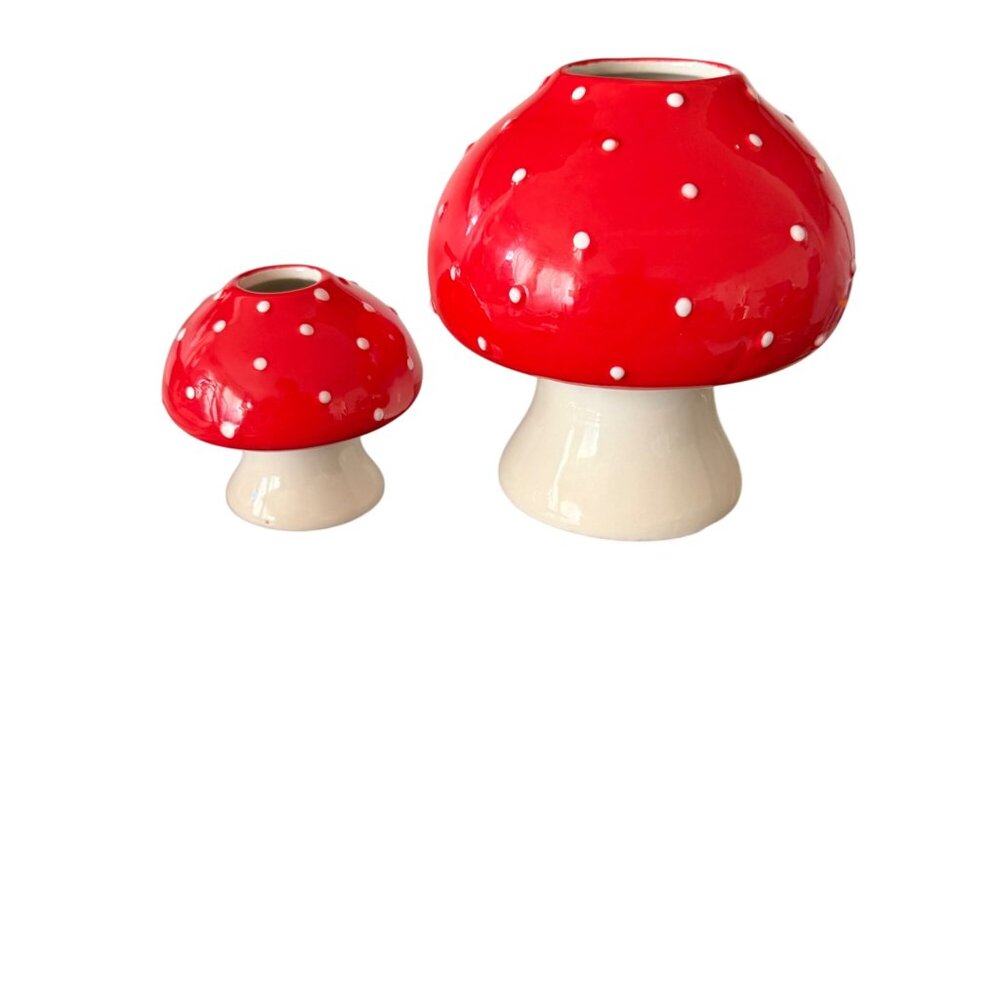 Set Of 2 Mushroom Ceramic Vases Red & White Polka Dots Decorative Planters